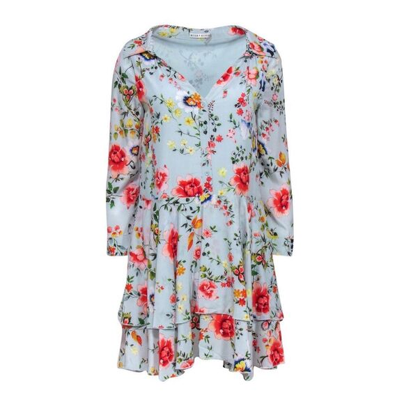 Alice + Olivia Multicolor Moore Tiered Floral Silk Tunic Mini Shirt Dress Size 0 - Picture 1 of 14